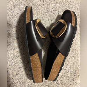 Birkenstock Madrid, black, big gold buckle, size 39. Like-new.